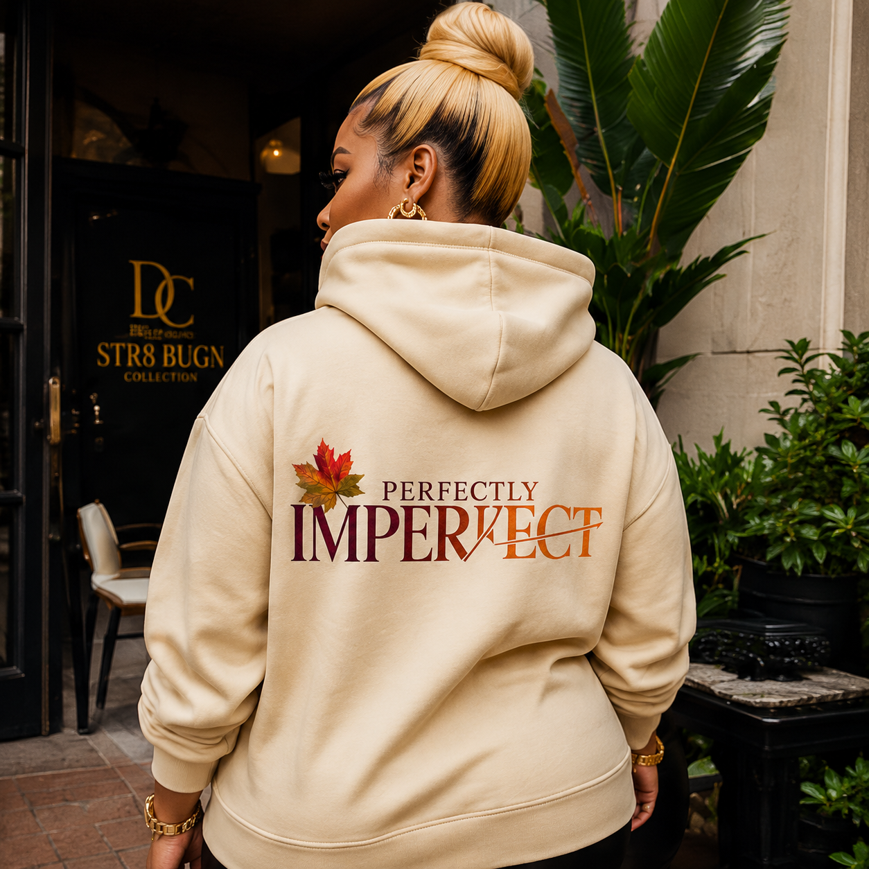 Woman wearing the STR8 BUG’N Perfectly Imperfect Fall Hoodie